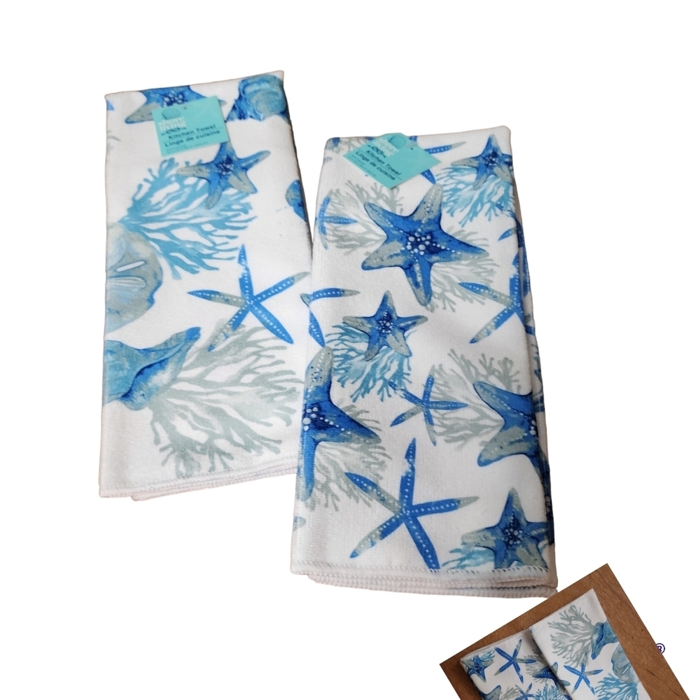 Shore living Coastal  Living starfish 2/dish towel beach kitchen  blue white